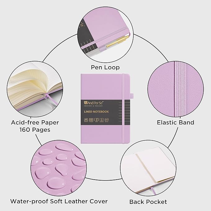 A5 Lined Leather Journal and Pen Set, Hardcover Notebook with Pen, 160 Pages 100gsm Thick Ruled Paper for Men Women, for Work, Business, School or Home Writing, 5.7'' x 8'' (Purple-Set1)