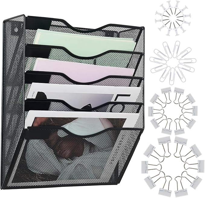 Hanging Wall File Organizer with Office Assorted, 5 Pockets Mesh Wall Mounted File Folder Holder for Mail, Paper, Document, Binder, Magazine, Menu (Black)