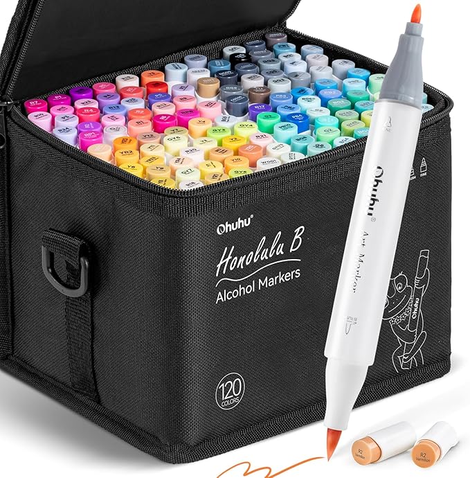 Ohuhu Alcohol Markers Brush Tip -Double Tipped Art Marker Set for Artist Adults Coloring Illustration -120 Colors -Brush &Fine -Honolulu B-Refillable
