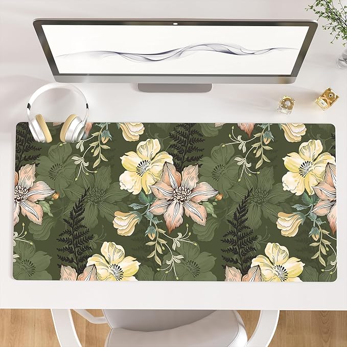 Colorful Star Large Mouse Pad, PU Leather Waterproof Desk Mat, Computer Gaming Mouse Pad, XXL Table Mousepad Non Slip Full Desk Pad for School Office Home 31.5" x 15.7" - Vintage Bold Flowers