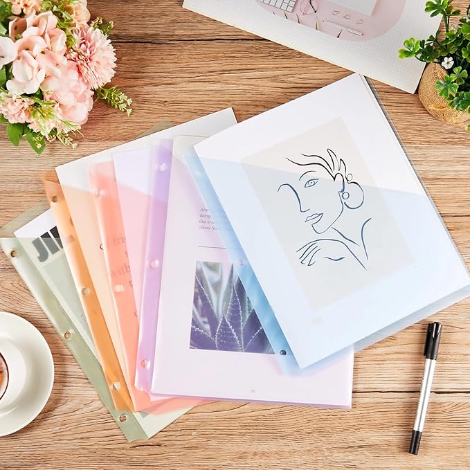 Maitys 50 Pack Binder Pockets 3 Hole Punch Clear Plastic Document Folders Binder Organizer Store Letter Size 8.5x11 Inch Paper Folders with Pockets Slash File Jacket for Office (Pastel Colors)