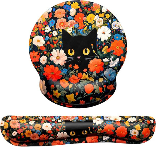 Dapesuom Keyboard Wrist Rest and Mouse Pad with Wrist Support, Cute Memory Foam Cushion for Keyboard and Mouse Set, Desktop Pad Rests with Non Slip Base for Easy Typing & Pain Relief, Cat Flower Bush