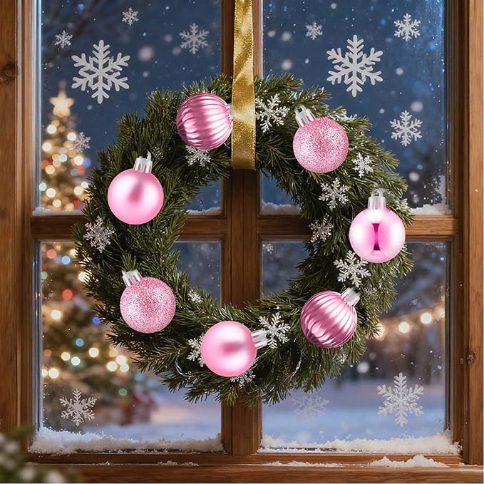 Set of 24 Mini Pink Ornaments for Mini Tree, Small Pink Christmas Ornaments Balls for Christmas Tree, 1.2 inch Tiny Plastic Shatterproof Hanging Bulbs Xmas Valentine Party Indoor Outdoor Decorations