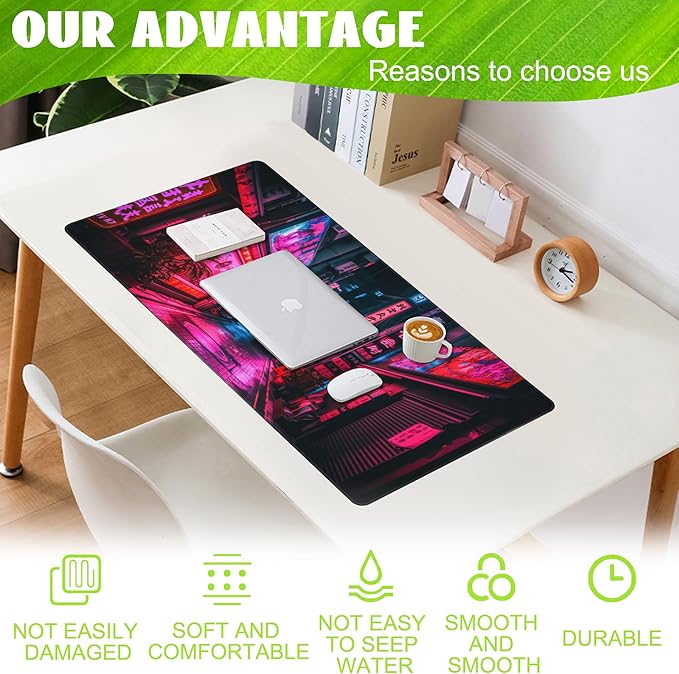 Desk Mat,Japanese Anime Neon Street Desk Pad,Anime City Large Gaming Mouse Pad for Desk,Extended Big Computer Keyboard Mouse Pad with Non-Slip Base and Stitched Edge,35.4"x15.7"