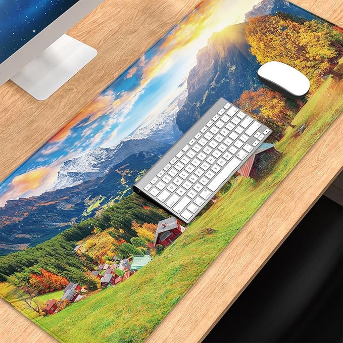 Wengen Village Desk Mat, Lauterbrunnen Valley Mouse Pad, Autumn Scenery Waterproof Mousepad, Alps Mountains Keyboard Pad, Computer Desk Pad for Work, Game, Office, Home, 31.5 X 11.8 Inch, 3mm Thick