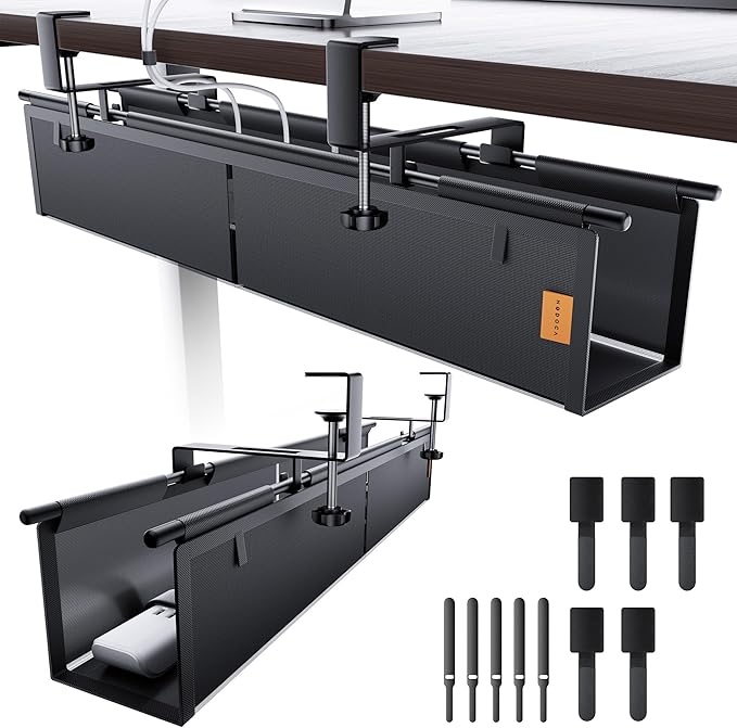 Under Desk Cable Management Tray No Drill, Cable Ties Included, Eco-Friendly Canvas Material, Mesh Design for Heat Dissipation, Cable Organizer/Storage for Standing Desk(27inch, Black)