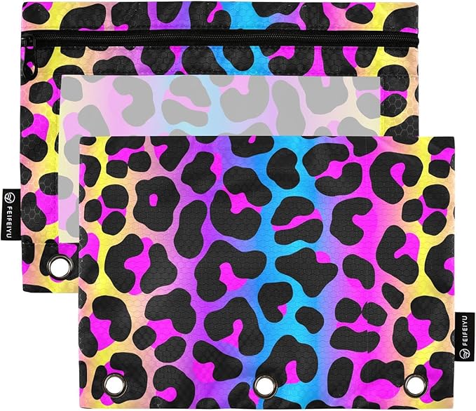 ALAZA Pencil Pouch for 3 Ring Binder, Leopard Print Cheetah Neon Gradient Binder Pencil Pouches with Clear Window Zipper Pencil Case Cosmetic Bags for Office College Supplies, 2PCS