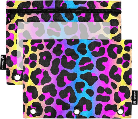 ALAZA Pencil Pouch for 3 Ring Binder, Leopard Print Cheetah Neon Gradient Binder Pencil Pouches with Clear Window Zipper Pencil Case Cosmetic Bags for Office College Supplies, 2PCS