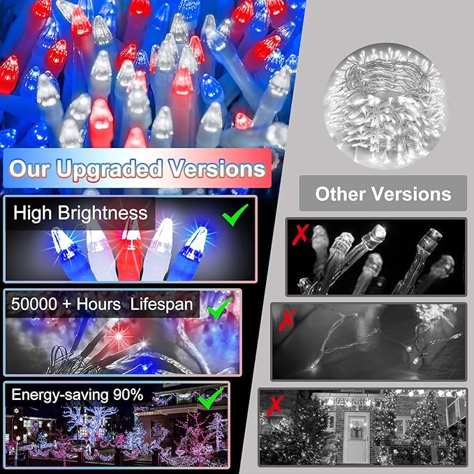 1500 LED 470FT Christmas String Lights Outdoor, 12 Pro Modes and Timer Memory & Brightness, Plug in Waterproof Clear Wire Twinkle Light for for Xmas Yard Tree Wedding Party Decor Red White Blue