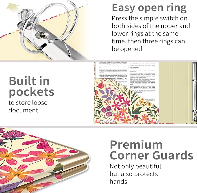 Ospelelf 3 Ring Binder 1.5 Inch, Cute Binder for Letter Size (11" x 8.5") with 5 Tab Dividers, File Folder Labels and Low Profile Clipboards, Floral Binder for School Supplies and Office Supplies