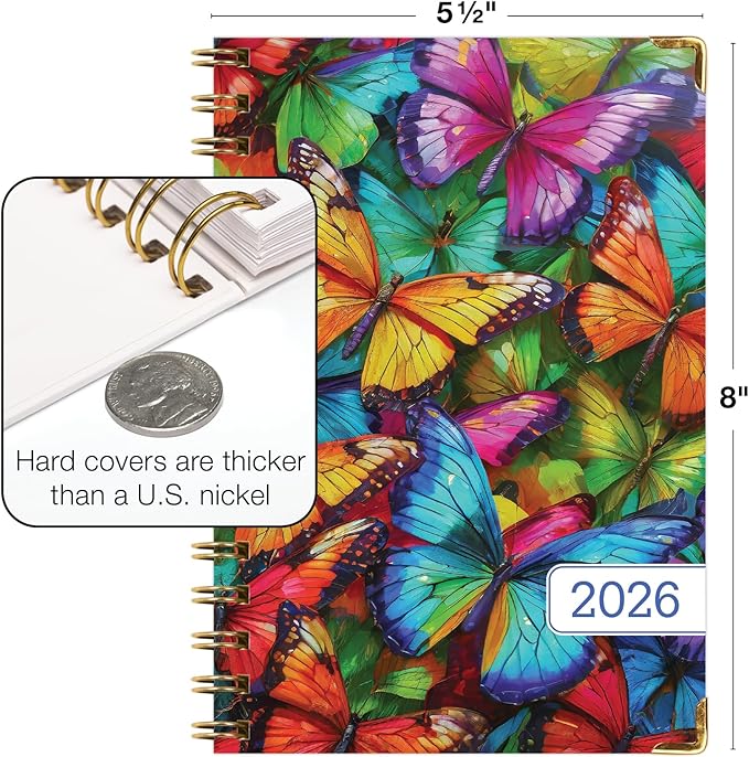 HARDCOVER 2026 Planner, 5.5"x8": 14 Months (November 2025 - December 2026), Daily Weekly Monthly Planner, Yearly Agenda, Bookmark, Pocket Folder and Sticky Note Set (Colorful Butterflies)