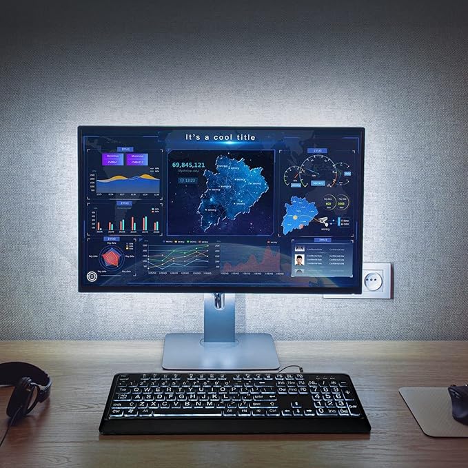 Large Print Backlit Keyboard, USB Wired Computer Keyboard, Full Size Keyboard with White Illuminated LED Compatible for Windows Desktop, Laptop, PC, Gaming, Black