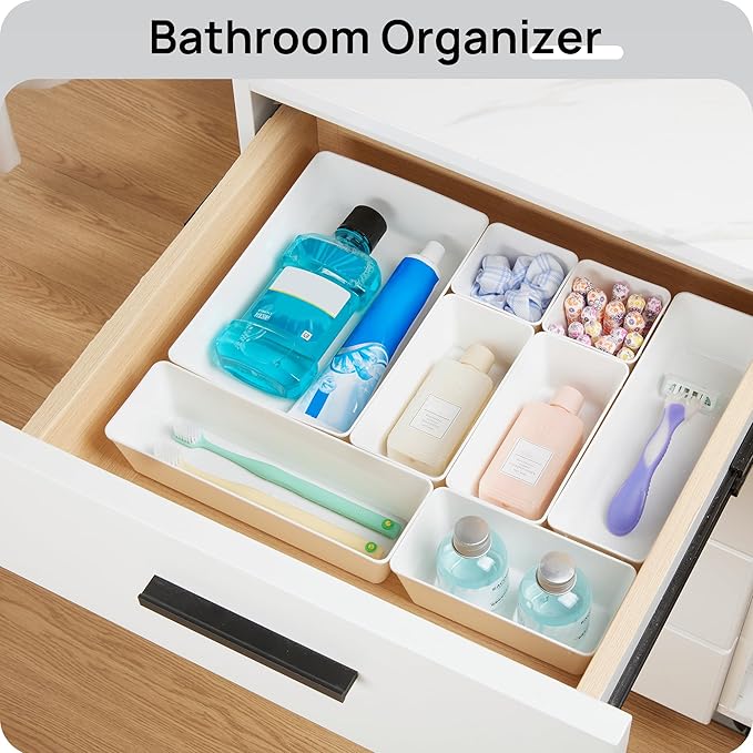 Vtopmart 72 PCS Plastic Drawer Organizers Set, 4-Size Versatile Bathroom and Vanity Organizer Trays, Non-Slip Storage Bins for Makeup, Jewelries, Kitchen Utensils and Office Desk, White