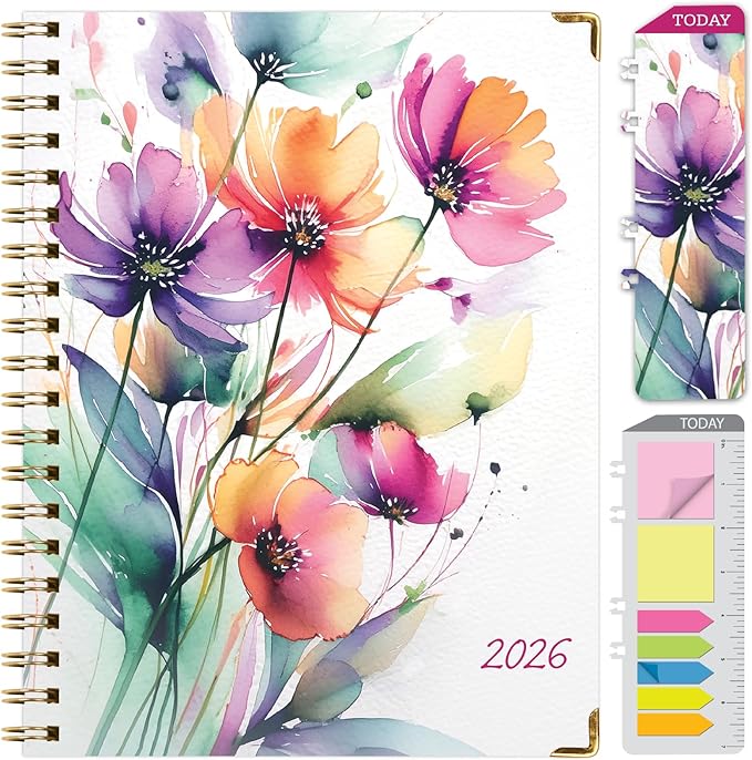HARDCOVER 2026 Planner, 8.5"x11": 14 Months (November 2025 - December 2026), Daily Weekly Monthly Planner, Yearly Agenda, Bookmark, Pocket Folder and Sticky Note Set (Rainbow Floral)