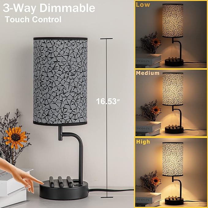 Dreamholder Touch Control USB Table Lamp, Upgraded 3-Way Dimmable Nightstand Desk Lamp with USB C & A Charging Ports and AC Outlet, Bedside Lamp for Bedroom Dimmable 9W LED Bulb Included