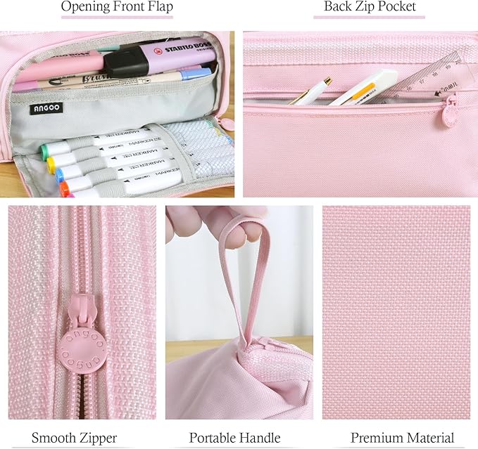 MAMUNU Pencil Case Pouch Large Capacity with Compartments, Pencil Case Pouch Bag with Zipper Handle for Teen Girls Adults Women, Portable Pen Bag Stationery Organizer for Office School Travel, Pink