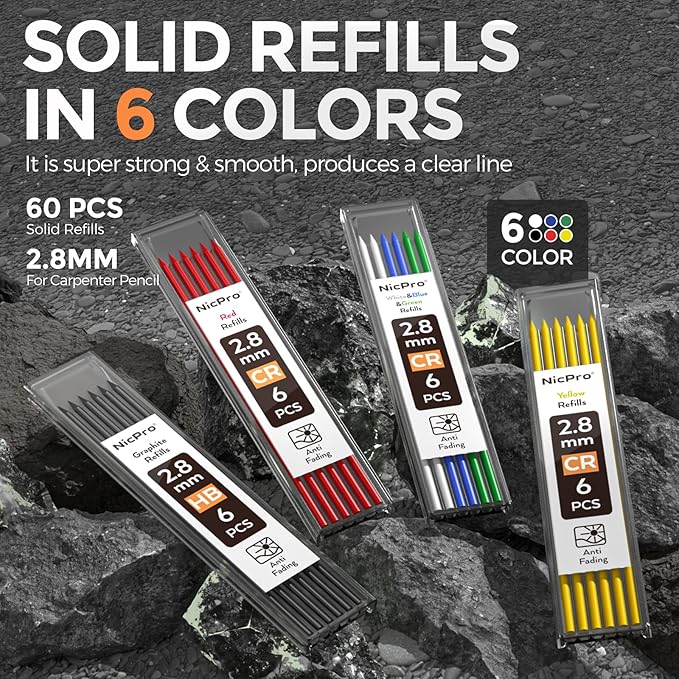 Nicpro 6 Pack CP1000 Carpenter Pencils with Sharpener, Mechanical Pencil Set with 66 Refills, Deep Hole Long Nib Marker Pens, Heavy Duty Woodworking Tools Construction Pencil for Architect Marking