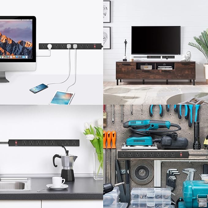 Metal 8 Outlet Mountable Power Strip with Switch,Wide Spaced Heavy Duty Wall Mount Power Strip Surge Protector 1200J,3FT 14AWG Braided Cord 15A 125V 1875W for Home Office Industrial Garage Commercial