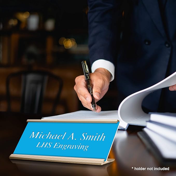 Engraved Name Plates for Door Sign Personalized Light Blue Plastic Plaque with White Letters - Made in USA 2x10 B1