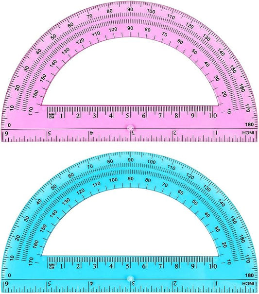 Zonon 2 Pcs 6 Inch Plastic Protractor Math Protractors 180 Degrees Angle Measurement, Translucent for Geometry Classroom Kid Student School Office Supplies(Pink, Blue)