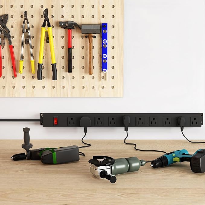10 Outlet Metal Power Strip,8FT Long Extension Cord Heavy Duty for Kitchen,Office,School,Commercial,Workshop,Industrial,ETL Certified and Listed Socket,1825W/125V/15A,Black(8FT)