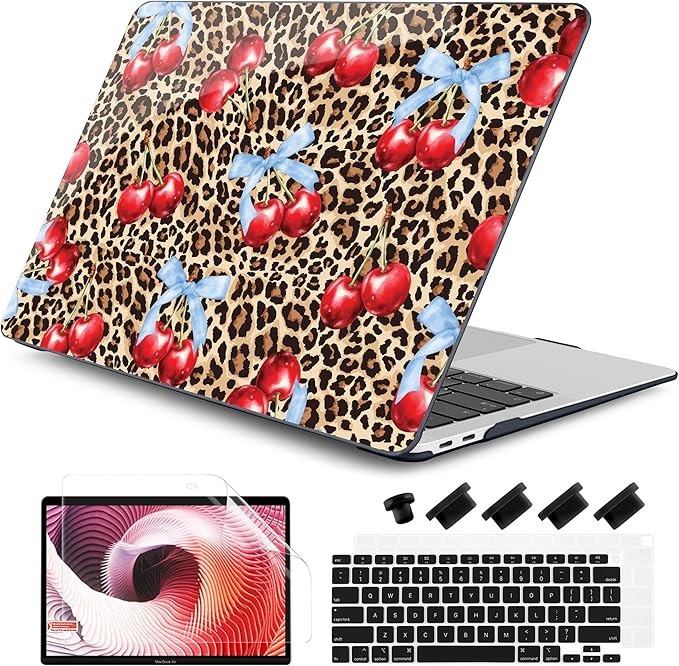 DONGKE for MacBook Air 13 Inch Case 2021-2018, Compatible with A2337 M1 A2179 A1932 Support Retina Display & Touch ID, Hard Shell Plastic Cover with Keyboard Skin - Cherry & Leopard