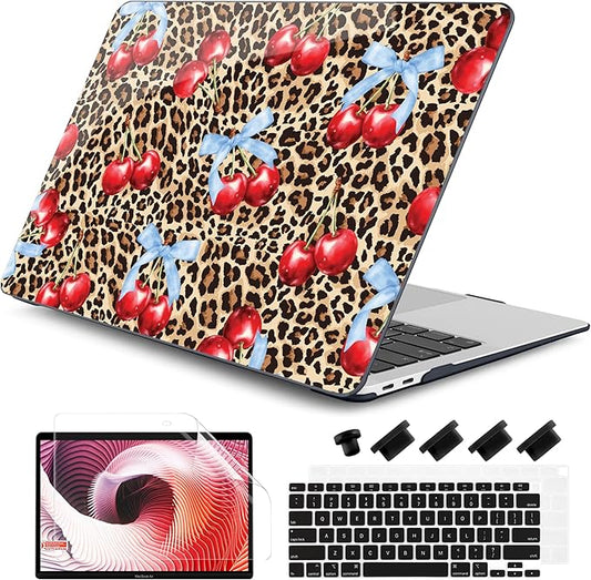 DONGKE for MacBook Air 13 Inch Case 2021-2018, Compatible with A2337 M1 A2179 A1932 Support Retina Display & Touch ID, Hard Shell Plastic Cover with Keyboard Skin - Cherry & Leopard