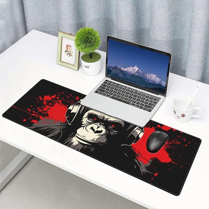 Stylish Gorilla with Headphones Against Themed Mouse Pad 31.5 x 12 Inch, Anti-Slip Rubber Base, Ideal for Computer, Laptop, Office & Home Use