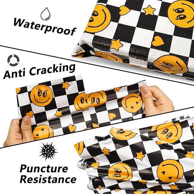 Poly Mailers 6x9 Inch 100 Pcs - Smiles Checkerboard Printed Shipping Bags, 2.4mil Thickness, Waterproof and Tear Resistant Mailing Envelopes, Self-Sealing Packaging Bags for Small Business