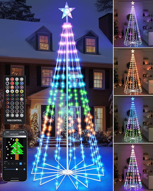 Brightever Smart Christmas Cone Tree, 7FT 295 LED Outdoor Christmas Tree Prelit with 16 Million RGB Light Show, APP/Remote Control Color Changing Music Sync Outdoor String Lights for Xmas Decorations