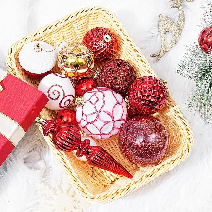 123pcs Christmas Ball Ornaments Set, Shatterproof Plastic Balls for Classic Xmas Decorations, Hanging Ornaments for Christmas Tree, Holiday, Bridal, Home Party, Red and White