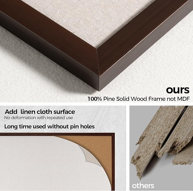 Fun Memories Cork Board Bulletin Board for Office, 20" x 30" Pine Wooden Framed Corkboard, Wall Mounted Notice Pin Board for School Home & Office, Dark Walnut