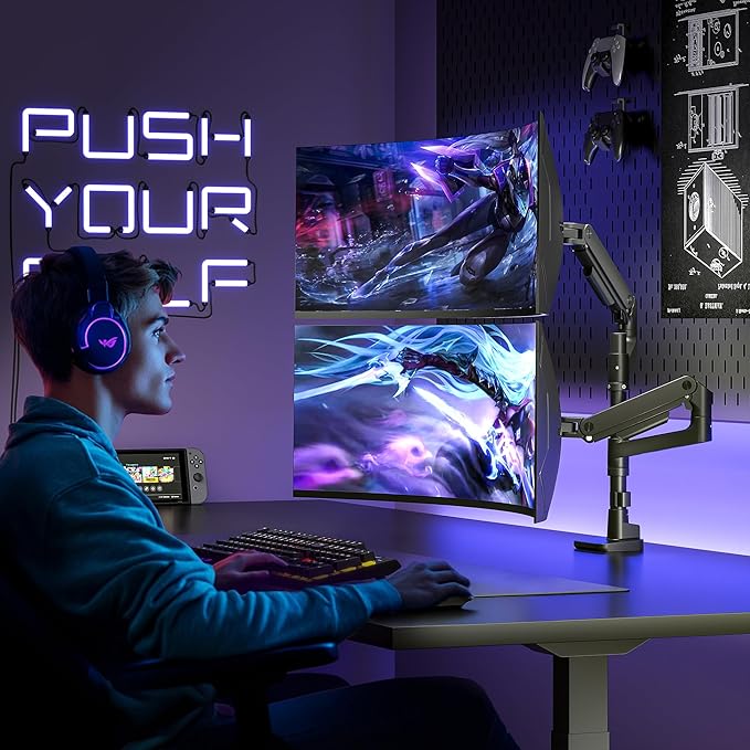 ARES WING Dual Monitor Arm Desk Mount for 17-49 Inch Ultrawide Monitors, Heavy Duty Dual Monitor Mount Holds 44 lbs, Full Motion Gas Spring Vertical Stacked Monitor Mount, 75/100 VESA Mount, Black