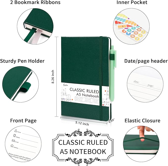 feela 24 Pack Journal Notebook for Work, Business Notebook Bulk Hardcover Lined Writing Journal with Pen Holder for Men Women Note Taking, with 24 Black Pens, 120 GSM, 5.1”x8.3”, A5, Dark Green
