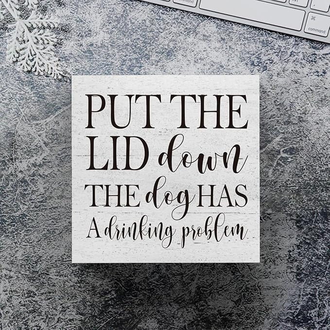 mmiishe Put the Lid Down the Dog Has a Drinking Problem Wooden Box Sign Decorative Funny Bathroom Wood Box Sign Home Decor Rustic Farmhouse Square Desk Decor Sign for Shelf 5 x 5 Inches