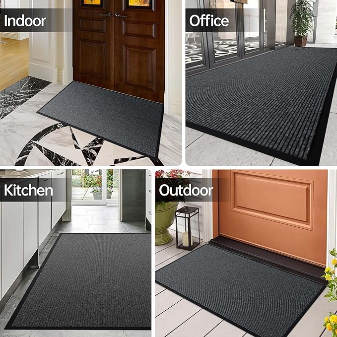 Front Door Mat, 3' x 10' Heavy Duty Indoor Outdoor Welcome Mat for Entryway, Commercial Entrance, Low Profile, Non-Slip, Durable Rubber Backing for Patio, Home