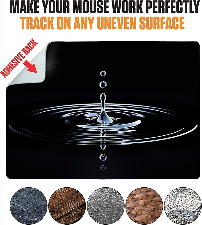 Mouse Pad Adhesive Bottom - Sticks to Any Surface - Portable - Webcam Covers and Screen Cleaner Included (Water Drop)