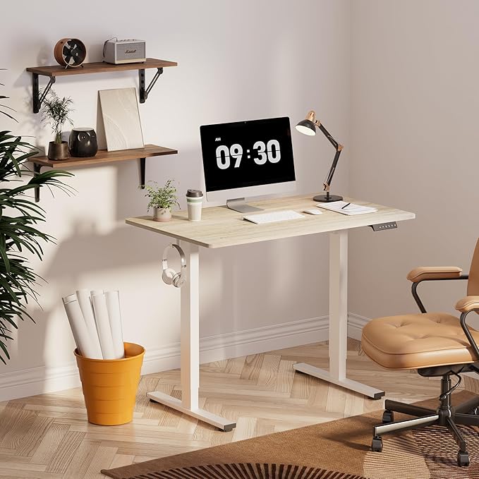 FLEXISPOT EN1 One-Piece Standing Desk, 40 x 24 Inches Electric Height Adjustable Desk for Home Office (White Frame + White Wood Grain Desktop)