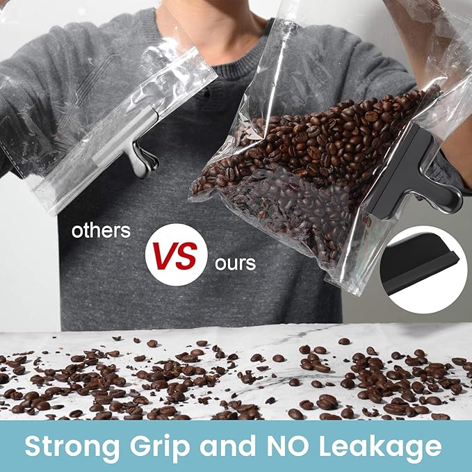 HOUSE AGAIN 12 Pack Stainless Steel Chip Bag Clips Covered with Silicone - NO More Sharp Edges - Color Coded for Food Bags - Air Tight Seal, Heavy Duty for Kitchen and Office, 3 Inches Wide, Black