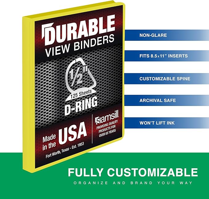 Samsill Durable 0.5 Inch Binder, Made in The USA, D Ring Binder, Customizable Clear View Cover, Lemon Yellow, Holds 125 Pages