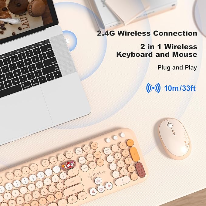 MOFII Wireless Keyboard and Mouse Combo, Cute Full Size Retro Typewriter Keyboard and Wireless Mouse, 2.4GHz Set for PC/Desktop/Laptop/Windows (Yellow Colorful)