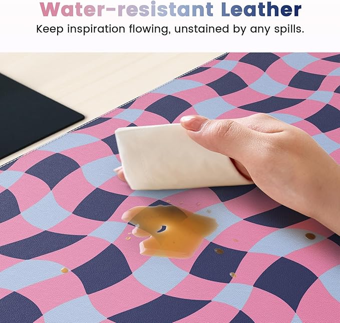 HAOCOO Checkered Desk Mat, 35.4" x 15.7" Leather Desk Matt, XXL Mouse Pad Office Decor, Non-Slip Keyboard Pads, Water Resistant Table Mat, Stitched Edge Keyboard Pad for School, Home(Pink)