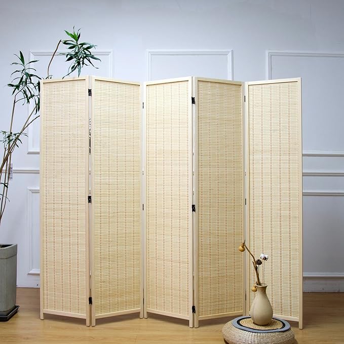 5 Panel Room Divider and Folding Panel Screen,Bamboo Panel Divider Screen for Room Separation,Beige,67" H x 76.75" W