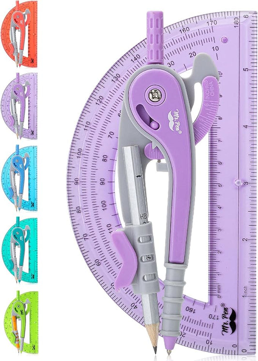 Mr. Pen- Compass and Protractor Set, Purple, Compass Geometry Tool, Protractor and Compass Set, Compass Drawing Tool, Drawing Compass, Protractor Set, Geometry Compass, Back to School Supplies