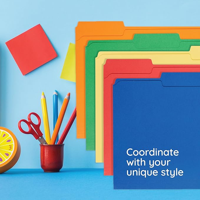 100 Blue Summit Supplies Colored File Folders Letter Size with 1/3 Cut Tabs, Assorted Colored Folders, Durable 11pt Paper, Colorful File Folders for Files, Multi Color File Folders, Reinforced Tabs