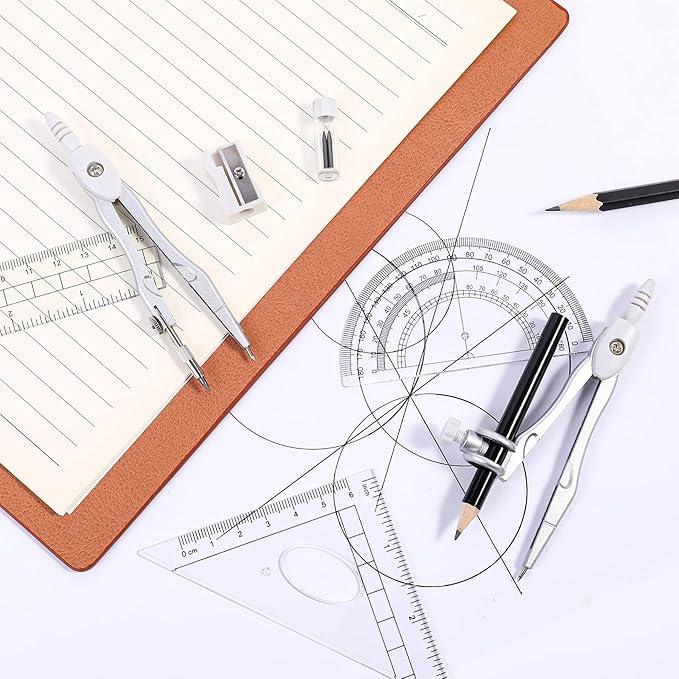 Math Geometry Kit Sets 10 Piece Student Supplies with Shatterproof Storage Box,Includes Rulers,Protractor,Compass,Eraser,Pencil Sharpener,Lead Refills,Pencil,for Drafting（White）
