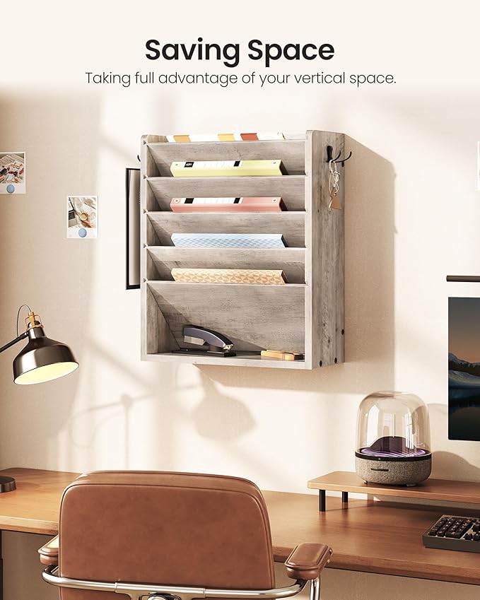 Wall File Organizer, 6-Tier Vertical Mount Hanging Holder with 2 Side Hooks, Modern Wooden Magazine Storage Holder with Bottom Tray, Desk Organizer, for Office, Home, Greige MWJ01FH