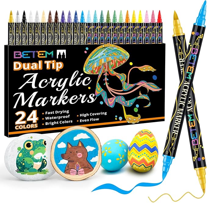 Betem Acrylic Paint Markers, Dual Tip 24 Colors Acrylic Paint Pens with Brush Tip and Fine Point, Art Supplies for Rock, Wood, Canvas, Stone, Glass, Ceramic, Rock Painting DIY Crafts Making Drawing