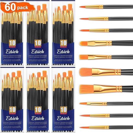 ESRICH Paint Brush Set,6 Packs 60 Pcs Nylon Hair Paint Brushes for Acrylic Painting,Artist Paintbrushes for Acrylic,Oil,Watercolor Painting,Face Nail Art,Paint Brushes for Kids,Black