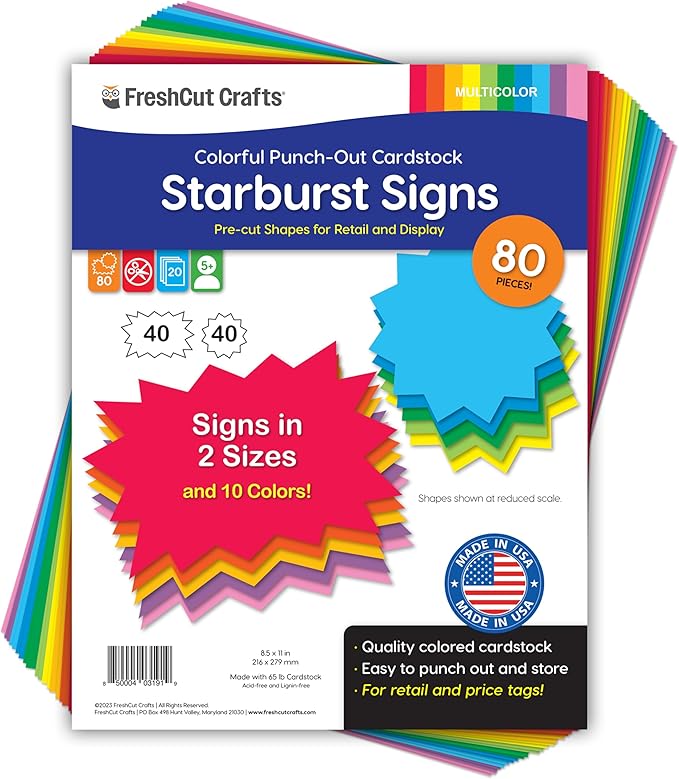 FreshCut Crafts 80 pcs Starburst Signs Multicolor Blank Tags in 2 Sizes for Retail Sales, US Made Card Stock Punch Out Signs for Garage Sale Yard Sale Bulletin Board Decoration